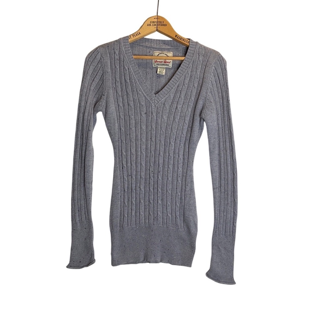 Long Line Fisherman Sweater Pullover Purple V-Neck Y2K Cable Knit Indie Sleeze M
